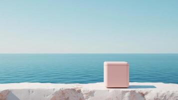 A pink trash can sitting on a ledge overlooking the blue ocean photo