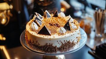 A cake with white frosting and gold sprinkles photo
