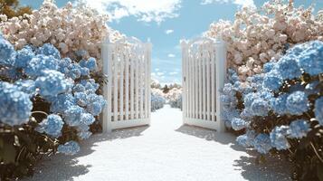 A white gate with blue flowers in front of it photo