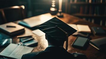 A graduation hat placed among a variety of study photo