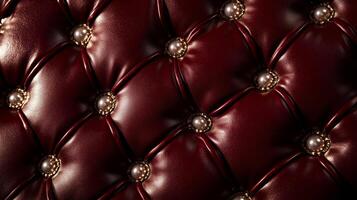 A close up of a red leather couch with gold buttons photo
