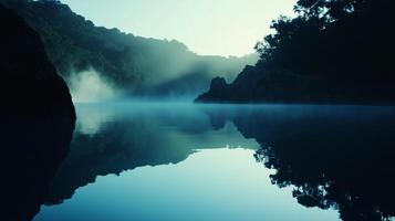 A lake with mist and rocks in the background photo