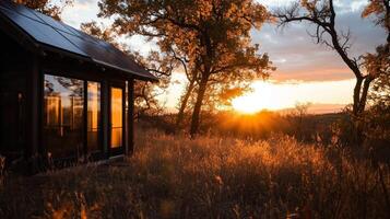 A cabin in the woods with the sun setting behind it photo
