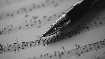 A pen is resting on top of a sheet of music photo