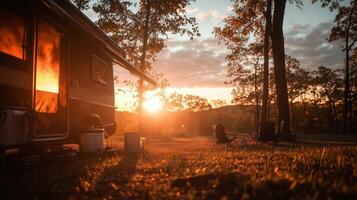 A rv is parked in the grass at sunset photo