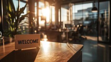 Welcome sign on wooden table in office photo