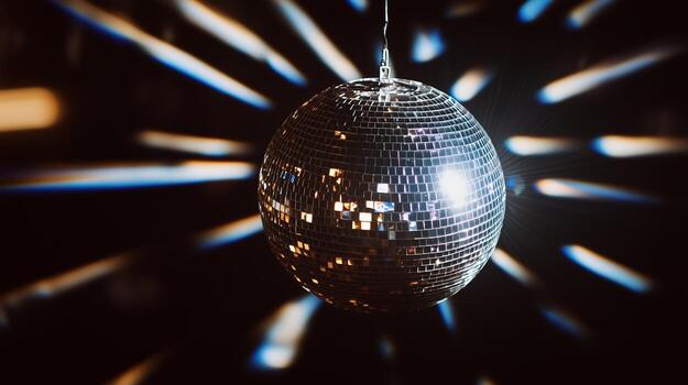A disco ball in the dark with light shining on it photo