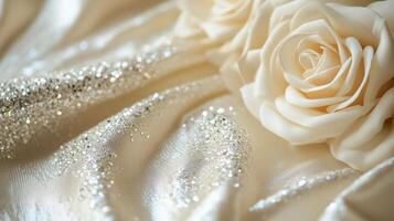 A white rose sits on top of a silver fabric photo