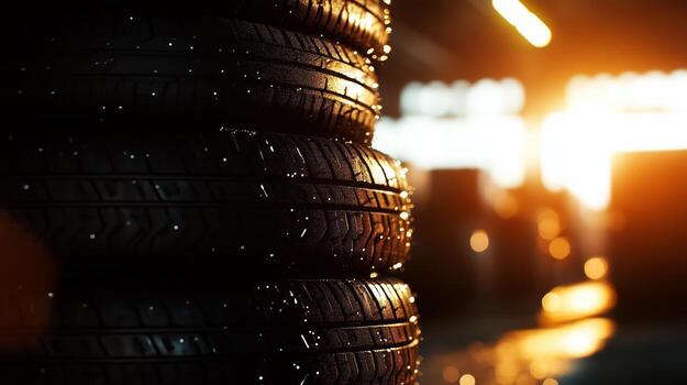 A stack of tires in a warehouse with the sun shining photo