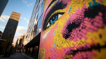 A colorful mural of a woman's face on a building wall photo