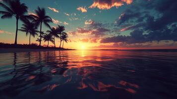 A sunset over the ocean with palm trees. photo