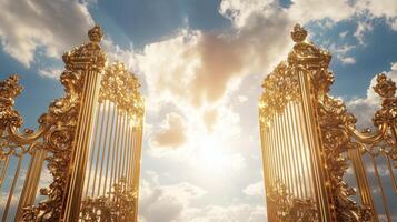 Golden gates with clouds and sun photo
