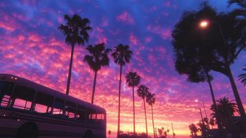 A bus is parked in front of a purple sky photo
