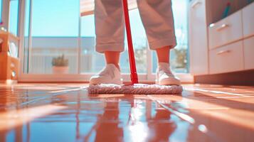 A person cleaning a floor with a mop photo