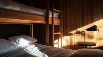 A bunk bed with two pillows and a lamp photo