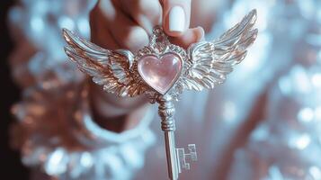 A woman holding a key with a heart shaped crystal on it photo