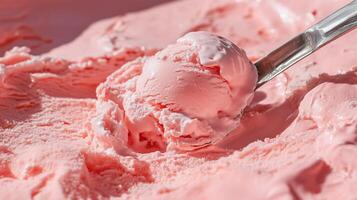 A spoon is scooping out a scoop of pink ice cream photo