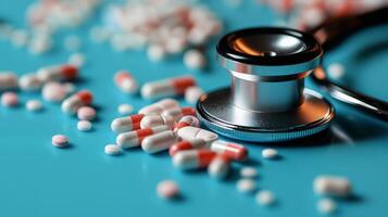 A stethoscope and a pile of pills on a blue surface photo