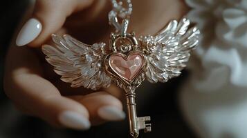 A woman holding a heart shaped key with wings photo