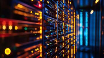 A close up of a server rack with many lights photo