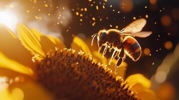 A bee is flying over a sunflower photo