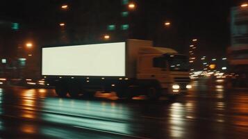 A truck driving down a street at night with a billboard on the back photo