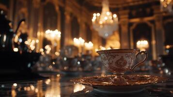 A gold tea cup sits on a table in a room photo