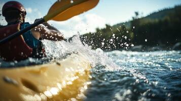 A person paddling a kayak through the water photo
