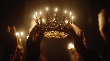 depicting hands holding up an intricate crown photo