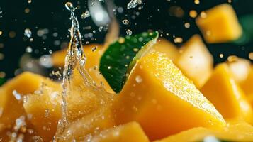 A close up of a mango being splashed with water photo