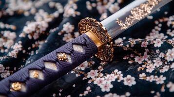 A samurai sword laying on a floral patterned cloth photo