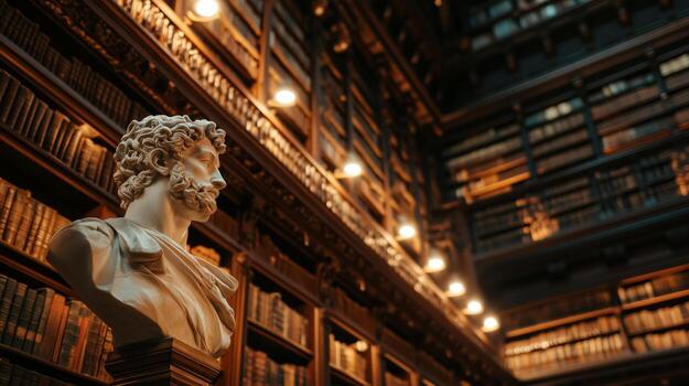 old library with wooden bookshelves filled with books photo