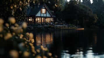 A house sitting on the edge of a lake photo