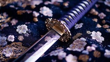 A samurai sword laying on a purple cloth photo