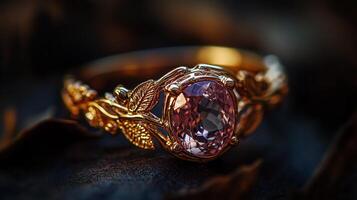 A gold ring with a pink stone photo