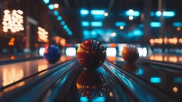 Four vibrant bowling balls sit ready photo