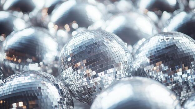 Many shiny silver disco balls are arranged in a circle photo