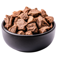 Brown chocolate chunks in black bowl showcasing rich texture and color png