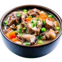 Hearty Meat and Vegetable Stew in Dark Bowl with Fresh Herbs and Colorful Ingredients png