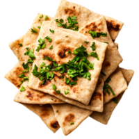 Freshly Baked Flatbread with Parsley Garnish on Wooden Surface png