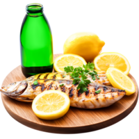 Grilled Fish with Lemon Slices and Green Bottle on Wooden Board png