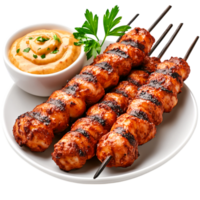 Delicious Grilled Chicken Skewers with Tangy Sauce and Fresh Garnish png