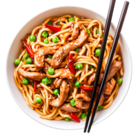 Delicious Chicken Stir Fry Noodles with Veggies and Chopsticks in Bowl png