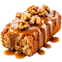 Moist Walnut Loaf Cake with Sweet Caramel Drizzle Topping and Nuts png