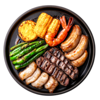 Grilled Shrimp, Corn, Vegetables, and Meat on Black Plate in Gourmet Style png