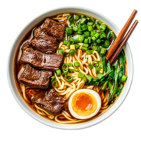 Savory Bowl of Ramen with Sliced Beef and Soft Boiled Egg png