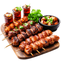 Delicious Grilled Skewers with Spicy Sauces and Refreshing Drinks on Board png