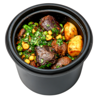 Hearty Beef Stew with Vegetables and Herbs in Black Cookware png