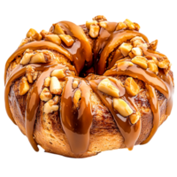 Deliciously Glazed Cinnamon Roll with Nuts and Caramel Drizzle png