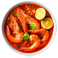 Delicious Seafood Soup with Prawns, Noodles, and Fresh Lime Garnish png